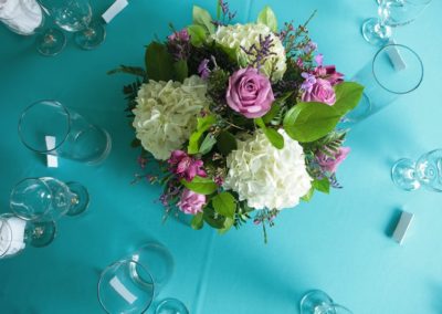 Overhead shot of a floral centerpiece on an aqua tablecloth. The flowers are white and pink, with some greenery.
