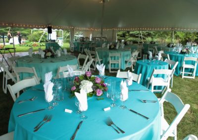 Round banquet tables in a tent. They have aqua tablecloths, and there are white napkins in the water glasses. Each has a centerpiece of white and pink flowers with greenery.