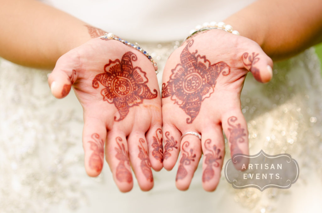 A pair of hands with henna designs.